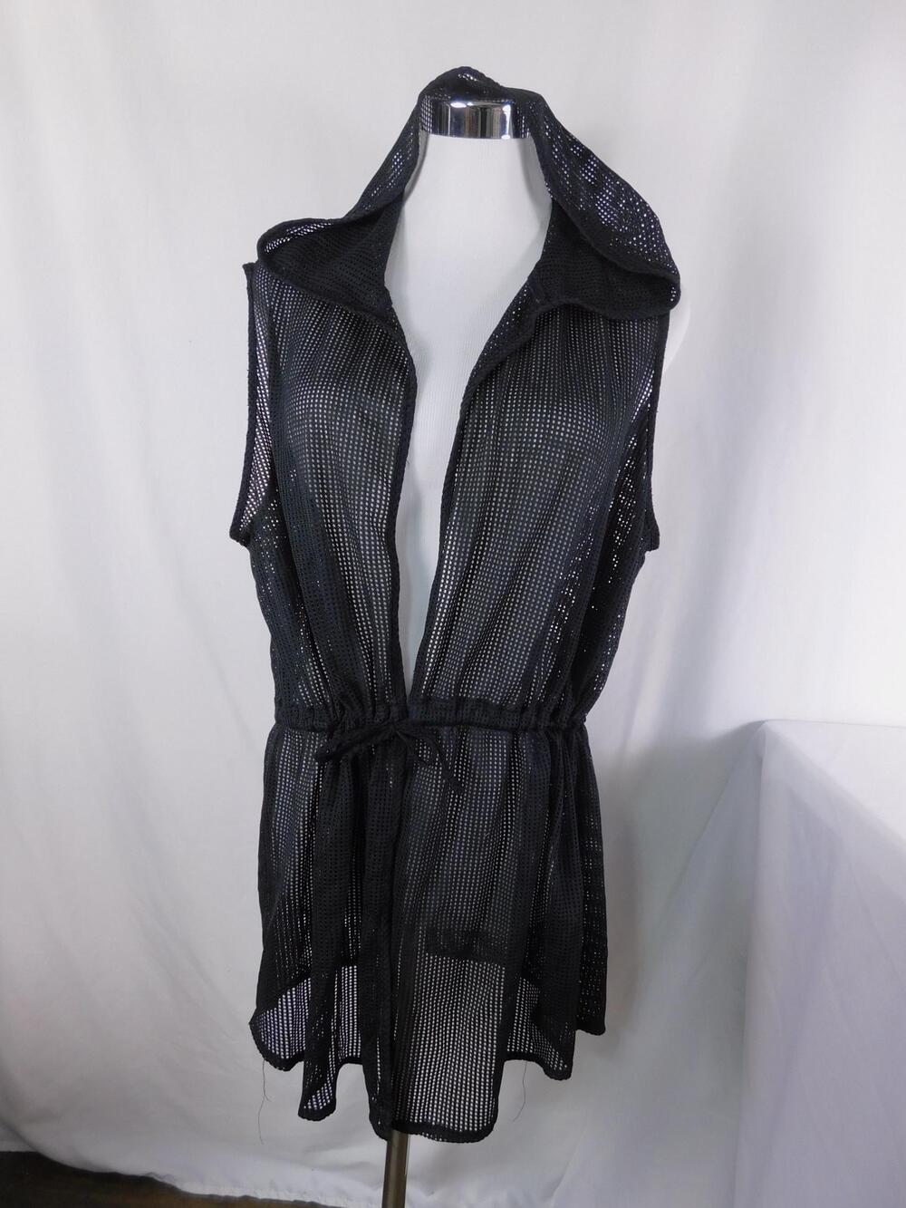 Dotti Cover Up Womens M Black Mesh Hooded Sleeveless Drawstring Beach Swim